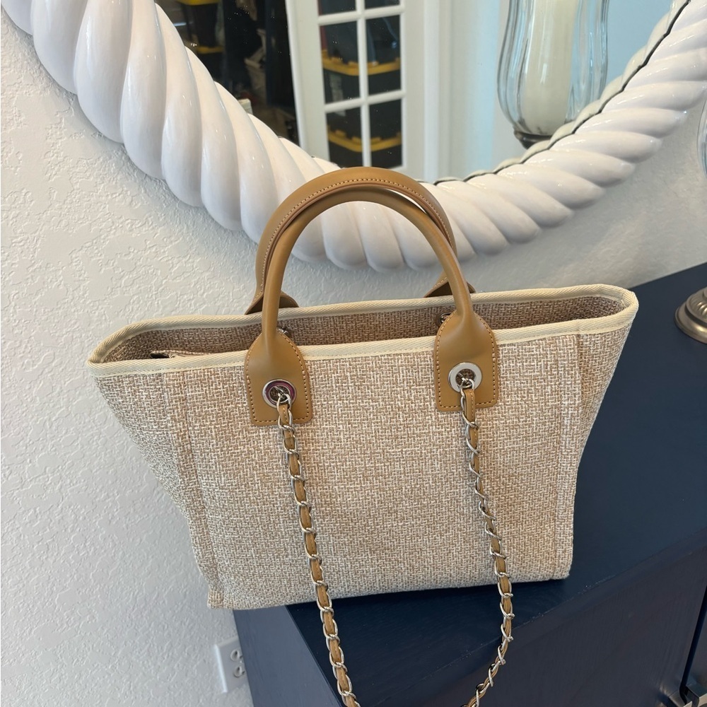 Elegant Beige Tote Bag with Chain Handles